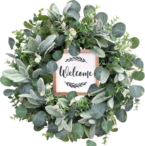 إكليل الأوكالبتوس الاصطناعي الأخضر من bibelot للباب الأمامي، إكليل ربيعي وصيف مقاس 45.72 سم مع علامة ترحيب لديكور مزرعة الشرفة الداخلية والخارجية in Kuwait