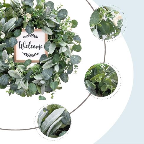 إكليل الأوكالبتوس الاصطناعي الأخضر من bibelot للباب الأمامي، إكليل ربيعي وصيف مقاس 45.72 سم مع علامة ترحيب لديكور مزرعة الشرفة الداخلية والخارجية in Kuwait