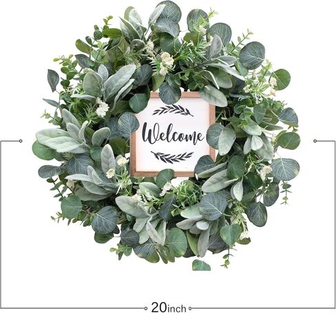 إكليل الأوكالبتوس الاصطناعي الأخضر من bibelot للباب الأمامي، إكليل ربيعي وصيف مقاس 45.72 سم مع علامة ترحيب لديكور مزرعة الشرفة الداخلية والخارجية in Kuwait