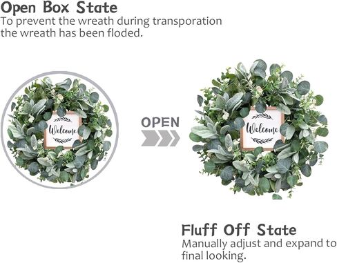 إكليل الأوكالبتوس الاصطناعي الأخضر من bibelot للباب الأمامي، إكليل ربيعي وصيف مقاس 45.72 سم مع علامة ترحيب لديكور مزرعة الشرفة الداخلية والخارجية in Kuwait