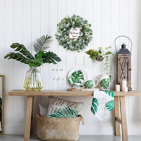 إكليل الأوكالبتوس الاصطناعي الأخضر من bibelot للباب الأمامي، إكليل ربيعي وصيف مقاس 45.72 سم مع علامة ترحيب لديكور مزرعة الشرفة الداخلية والخارجية in Kuwait