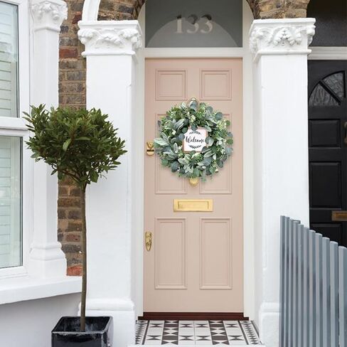 إكليل الأوكالبتوس الاصطناعي الأخضر من bibelot للباب الأمامي، إكليل ربيعي وصيف مقاس 45.72 سم مع علامة ترحيب لديكور مزرعة الشرفة الداخلية والخارجية in Kuwait