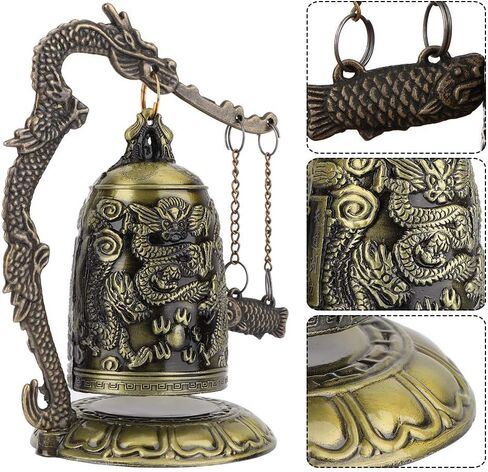 Feng Shui Desktop Decoration, Small Vintage Dragon Bell Carved Bronze Dragon Lock Bell Ornament Arts Crafts Collectibles Chinese Feng Shui Decorative Ornaments in Saudi Arabia