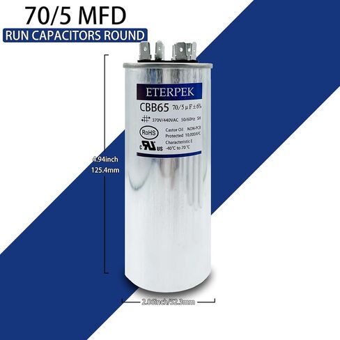 ETERPEK 45+5 uF 45/5 MFD ±6% 370V/440VAC CBB65 Dual Run Start Capacitor for AC Round A/C Capacitor for Motor Run, Condenser Straight Cool, Heat Pump, Air conditioner, AC Unit Fan, HVAC in Saudi Arabia