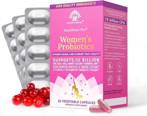 NutriCelebrity NutriFlora-Pro Probiotics for Women - Support Vaginal, Urinary Health (UTI), Digestive System, Period Pain, Yeast, and BV Relief, Cranberry Pills, 10 Billion CFU 6 Strains (30 Caps) in Saudi Arabia