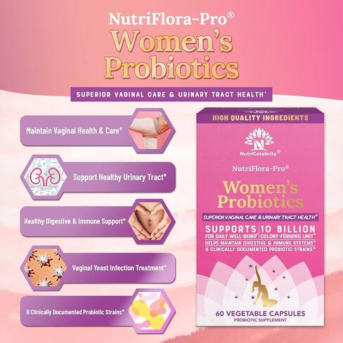 NutriCelebrity NutriFlora-Pro Probiotics for Women - Support Vaginal, Urinary Health (UTI), Digestive System, Period Pain, Yeast, and BV Relief, Cranberry Pills, 10 Billion CFU 6 Strains (30 Caps) in Saudi Arabia