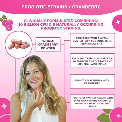 NutriCelebrity NutriFlora-Pro Probiotics for Women - Support Vaginal, Urinary Health (UTI), Digestive System, Period Pain, Yeast, and BV Relief, Cranberry Pills, 10 Billion CFU 6 Strains (30 Caps) in Saudi Arabia