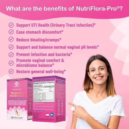 NutriCelebrity NutriFlora-Pro Probiotics for Women - Support Vaginal, Urinary Health (UTI), Digestive System, Period Pain, Yeast, and BV Relief, Cranberry Pills, 10 Billion CFU 6 Strains (30 Caps) in Saudi Arabia