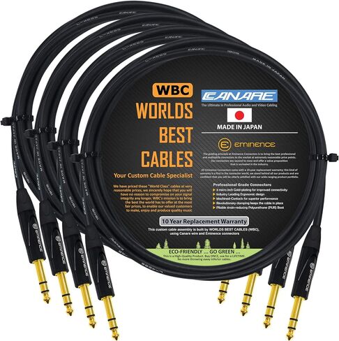 WORLDS BEST CABLES 4 Units - 2 Foot - Canare L-4E6S, Star Quad Balanced TRS Patch Cable with Eminence Gold E502 TRS Stereo Plugs - CUSTOM MADE in Saudi Arabia