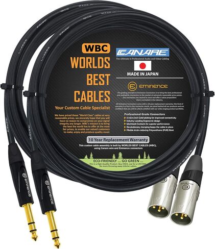 أفضل الكابلات في العالم وحدتين - 12 قدم - Canare L-4E6S، كابل تصحيح XLR إلى TRS المتوازن من Star Quad مع مقابس ستيريو E311 ذكر XLR وE502 TRS من Eminence Gold - مصنوع حسب الطلب in Saudi Arabia