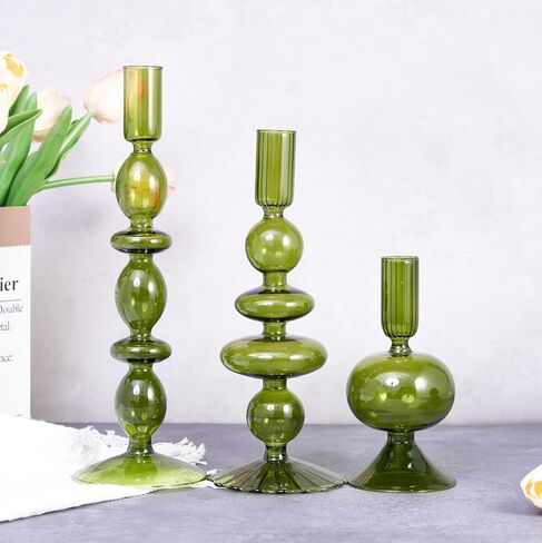 Three Pieces Glass Candle Holder, Table Decoration, Conical Contemporary Style Candle Holder, Suitable for Wedding Decoration, Family Dinner Party, Home Decoration(Green) in Saudi Arabia
