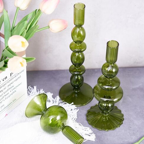 Three Pieces Glass Candle Holder, Table Decoration, Conical Contemporary Style Candle Holder, Suitable for Wedding Decoration, Family Dinner Party, Home Decoration(Green) in Saudi Arabia