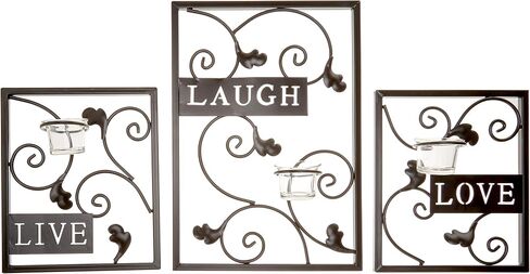 Hosley's Set of 3 Tealight Iron Wall Sconce Laugh Love Live Dark Brown Farmhouse DecorHand made by Artisans. Ideal Gift for Wedding Special Occasion Spa Aromatherapy Tea Light Votive Candle Gardens O3 in Saudi Arabia