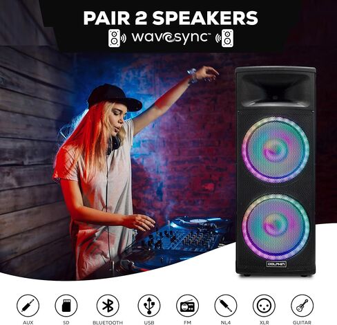 دولفين SPX-280BT الجديد - صوت جهير عميق قوي | مكبرات صوت مزدوجة مقاس 15 بوصة، بقدرة 6500 وات - نظام سماعات بلوتوث PA مع عرض ضوء LED، وهزاز أرضي in Kuwait