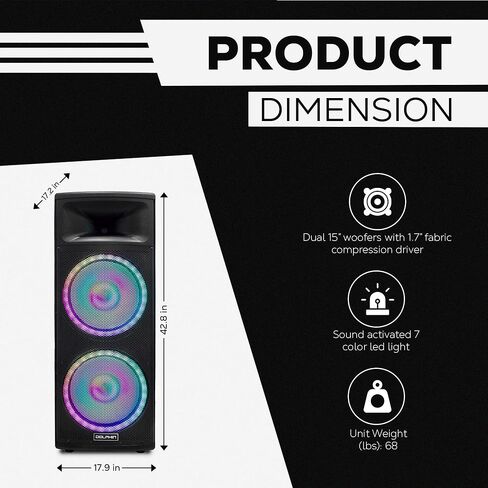 دولفين SPX-280BT الجديد - صوت جهير عميق قوي | مكبرات صوت مزدوجة مقاس 15 بوصة، بقدرة 6500 وات - نظام سماعات بلوتوث PA مع عرض ضوء LED، وهزاز أرضي in Kuwait