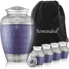 Reminded Set of 5 Etched Cremation Urns for Human Ashes - 1 Adult + 4 Keepsake Token Size, Lavender