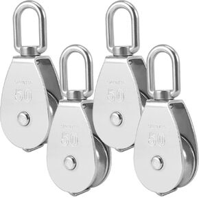 4 PCS M50 Loading 881Lbs / 400Kg Single Pulley Block, 304 Stainless Steel Single Pulley Roller with Rotatable 360°Pulley and Rings, Heavy Duty and Smooth Rope Pulley Block for Rope Lifting