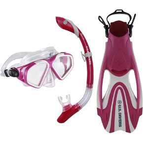 U.S. Divers Cozumel Adult Snorkel Set - Anti-Fog PC Lens, Easy-Adjust Mask Buckles, Dry Top Snorkel, Adjustable Fin Buckles -Unisex Adult,Gray/Dark Pink,Large (9.5-11.5),SR3981022L