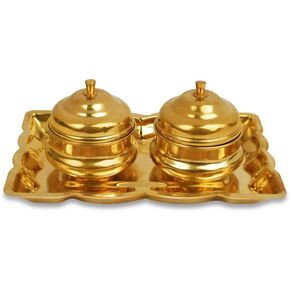 RUDRA CENTRE Brass Rectangle Plate with Haldi Kumkum Containers (Dibbi) Set