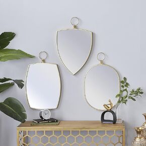 Deco 79 Wood Handmade Varying Shapes Wall Mirror with Ring Top, Set of 3 24", 24", 25"H, Gold