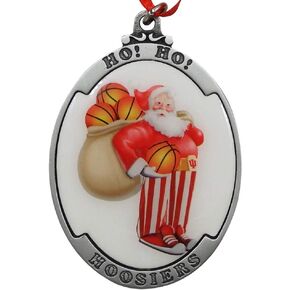 Ho! Ho! Hoosiers Candy Stripe Pewter Santa Christmas Ornament. Officially Licensed Product of Indiana University Made in The USA