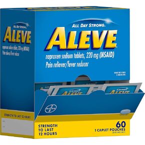 Aleve Pain Reliever & Fever Reducer Naproxen Sodium Caplets, Body Pain Relief, Arthritis Pain Relief, Pain Medicine for Adults and Children Ages 12 and Up, 60 Individual Pouches