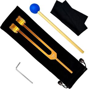 128Hz Tuning Fork Set Nerve Sensory Healing Instrument with Silicone Hammer and Cleaning Cloth, Weights Aluminum Clinical Grade Repair Tool (128Hz, Gold)