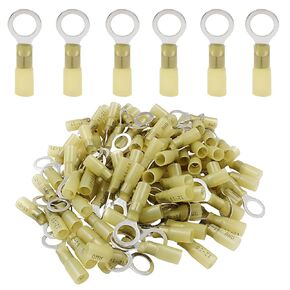 Hordion 100pcs Heat Shrink Ring Terminals 5/16", M6 Yellow 12-10 AWG Electrical Connectors Waterproof and Insulated Wire Terminal Connectors for Automotive, Audio