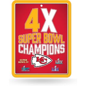 Rico Industries NFL Football Kansas City Chiefs 4 Time Super Bowl Champs 8.5" x 11" Carbon Fiber Metal Parking Sign - Great for Man Cave, Bed Room, Office, Home Décor