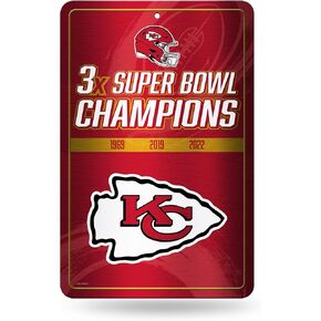 Rico Industries NFL Kansas City Chiefs 3 Time Super Bowl Champions Large Metal Sign 11" x 17" Large Metal Home Décor Sign
