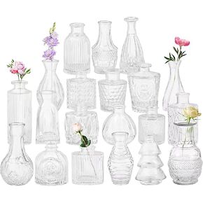 Set of 20 Glass Bud Vases,Small Clear Vases,Wedding Centerpiece Table Decorations,Clear Vintage Embossed Mini Vases,Flower Arrangements in Vases for Party or Home Decor