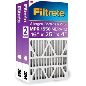 Filtrete 16x25x4 Air Filter MPR 1550 DP MERV 12, Healthy Living Ultra Allergen Deep Pleat, 2-Pack Slim Fit (3.75" width), Fits Lennox & Honeywell Devices (exact dimensions 15.5 x 24.5 x 3.75)