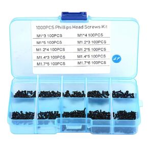 1000pcs Mini Machine Screws, M1 M1.2 M1.4 M1.7 Tiny Screws Cross Head Self tapping Bolts Assortment Kit