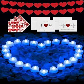3000 Pieces Artificial Rose Petals with 24 Pcs LED Flameless Candles 2 Pcs Valentine's Day Card 4 Pcs Valentine's Day Stickers 1 Pcs Heart Shaped Banner for Romantic Night, Valentine's Day