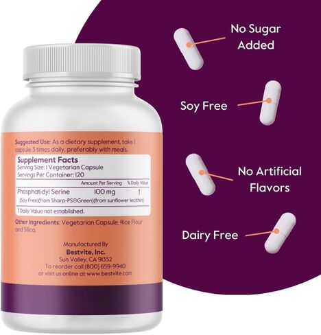 BESTVITE Phosphatidylserine 100mg لكل كبسولة (120 كبسولة نباتية) مع Sharp-PS® Green - حاصل على براءة اختراع وتم اختباره سريريًا - خالي من الإستيرات - خالي من الصويا - خالي من الغلوتين - نباتي - غير معدّل وراثيًا in Kuwait