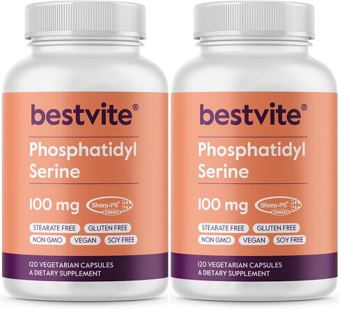 BESTVITE Phosphatidylserine 100mg لكل كبسولة (120 كبسولة نباتية) مع Sharp-PS® Green - حاصل على براءة اختراع وتم اختباره سريريًا - خالي من الإستيرات - خالي من الصويا - خالي من الغلوتين - نباتي - غير معدّل وراثيًا in Kuwait