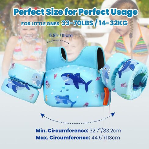 Heysplash Kids Swimming Vest, Toddler Floaties Fit 33-70 Lbs, Puddle Kids Jumper with Adjustable Strap, Swim Jacket Water Wing Arm Baby Float, Pool Sea Swimming Aid for Boys 2-7 Years,Full Blue Shark in Saudi Arabia