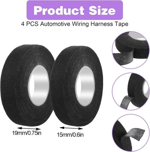 4 Pcs Wire Loom Harness Tape, 15m/19mm Speaker Wiring Harness Cloth Tape, Automobile Black Adhesive Fabric Tape for Wrapping Wiring Protection Insulation Cable Fixed(2Pcs 19mm) in Saudi Arabia