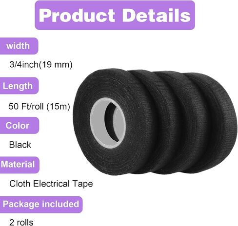 4 Pcs Wire Loom Harness Tape, 15m/19mm Speaker Wiring Harness Cloth Tape, Automobile Black Adhesive Fabric Tape for Wrapping Wiring Protection Insulation Cable Fixed(2Pcs 19mm) in Saudi Arabia
