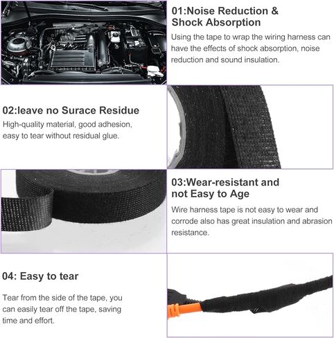 4 Pcs Wire Loom Harness Tape, 15m/19mm Speaker Wiring Harness Cloth Tape, Automobile Black Adhesive Fabric Tape for Wrapping Wiring Protection Insulation Cable Fixed(2Pcs 19mm) in Saudi Arabia