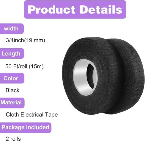4 Pcs Wire Loom Harness Tape, 15m/19mm Speaker Wiring Harness Cloth Tape, Automobile Black Adhesive Fabric Tape for Wrapping Wiring Protection Insulation Cable Fixed(2Pcs 19mm) in Saudi Arabia