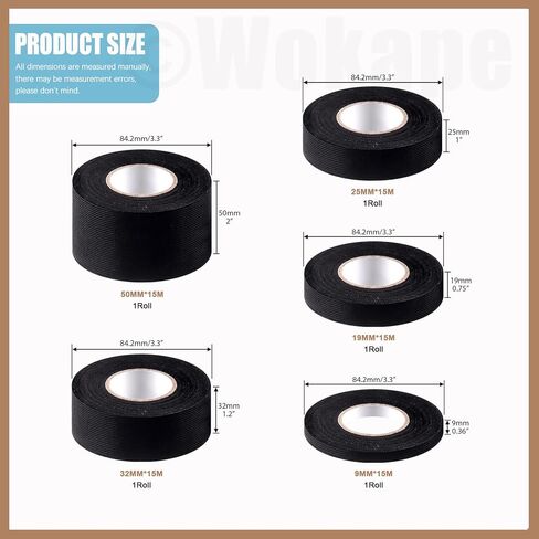 مجموعة متنوعة من أشرطة تسخير الأسلاك المكونة من 5 لفات، شريط قماشي لاصق لتسخير الأسلاك لعزل الأسلاك الأوتوماتيكية (9،19،25،32،50 ملم عرض، 15 متر طول) in Kuwait