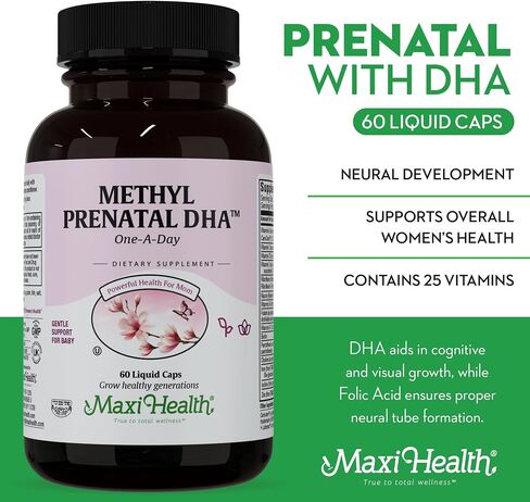 Maxi Health - Methyl Prenatal DHA Prenatal Vitamins Women - Doctor Formulated, Kosher, Gluten Free Prenatal Multivitamin with 25 Nutrients Including DHA, Folic Acid & More, 60 Liquid Caps in Saudi Arabia