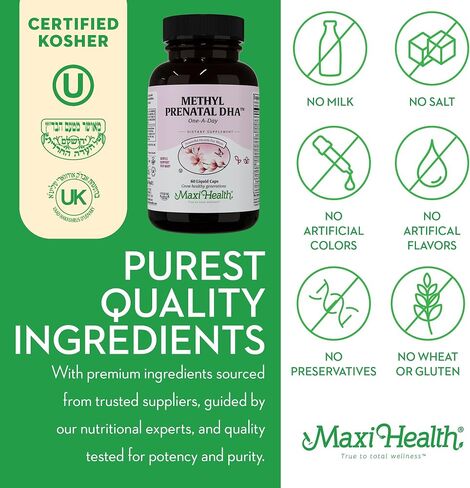 Maxi Health - Methyl Prenatal DHA Prenatal Vitamins Women - Doctor Formulated, Kosher, Gluten Free Prenatal Multivitamin with 25 Nutrients Including DHA, Folic Acid & More, 60 Liquid Caps in Saudi Arabia