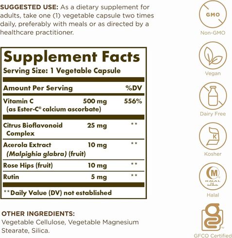 SOLGAR Ester-C Plus 500 mg Vitamin C (Ascorbate Complex) - 100 Vegetable Capsules, Pack of 2 - Antioxidant & Immune Support - Non GMO, Vegan, Gluten Free, Kosher - 200 Total Servings in Saudi Arabia