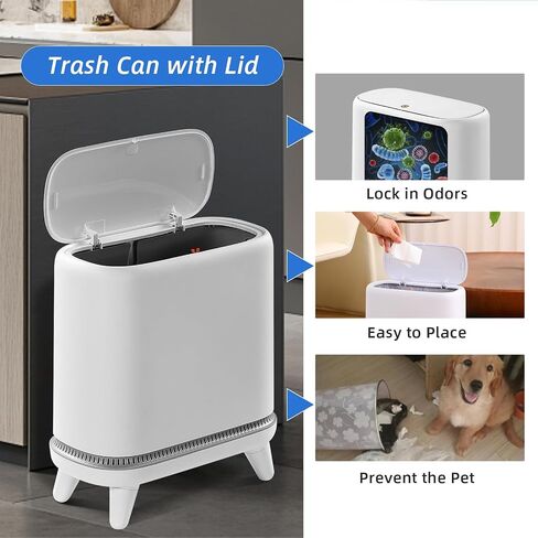 MOPALL Bathroom Trash Can, 3 Gallon Small Trash Can with Lid, Slim Bathroom Garbage Can with Press Top Lid, Modern White Trash Bin with Legs, Plastic Waste Basket for Bathroom, Bedroom, Home Office in Saudi Arabia