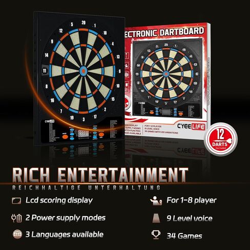 CyeeLife Electronic DartBoard&12 Soft Darts,8 Players&34 Games&255 Variations,Battery/adapter/3 languages switching for Professional Dart Games in Saudi Arabia