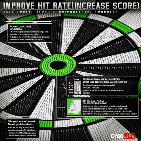 لوحة رمي السهام الإلكترونية CyeeLife و12 سهمًا ناعمًا، 8 لاعبين و34 لعبة و255 نوعًا مختلفًا، بطارية/محول/3 لغات تبديل لألعاب رمي السهام الاحترافية in Kuwait