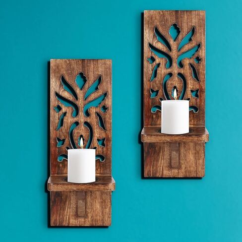 Wood Wall Candle Scones Set of 2, Wall Scones Candle Holder, Wood Candle Holder, Candle Holder for Christmas Decoration, Pillar Candle Sconce, Wall Décor for Living Room Bedroom-16 Inch Burnt in Kuwait