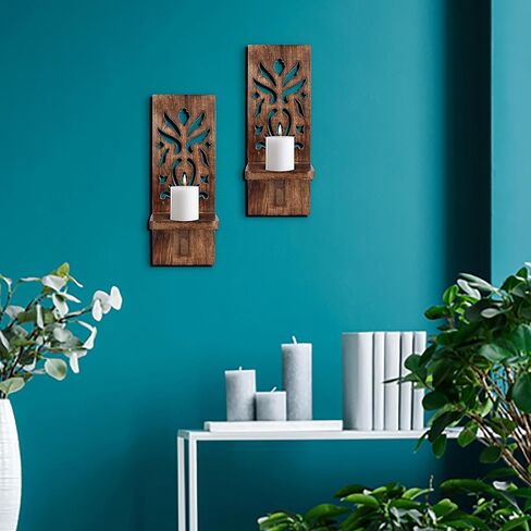 Wood Wall Candle Scones Set of 2, Wall Scones Candle Holder, Wood Candle Holder, Candle Holder for Christmas Decoration, Pillar Candle Sconce, Wall Décor for Living Room Bedroom-16 Inch Burnt in Kuwait